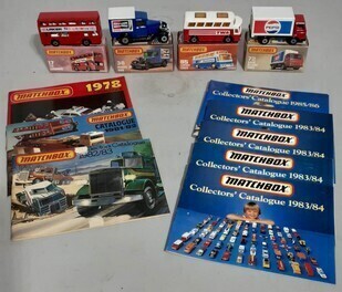 Matchbox Transport 75 series in boxes, No. 17, 38, 65, 72 with Mathbox Catalogues x11 Various years