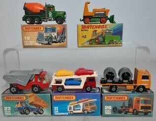 Matchbox Heavy Lift 75 series x5 in boxes, No. 11, 12, 19, 23, 26, Various Years 74, 78, 79