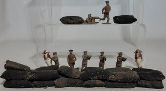 Antique Lead Soldiers, 7 soldiers, 2 nurses and miscellaneous sandbags