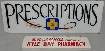 Brian Hill Pharmacy Signs x2 - 1 x Timber, 1x Plastic