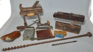 Collection of vintage tools; includes a Kodak cutting board and shoe stretcher