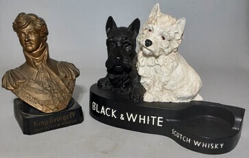 Advertising Figurines x2 - Ruberoid Bust King George IV & Black & White Dogs