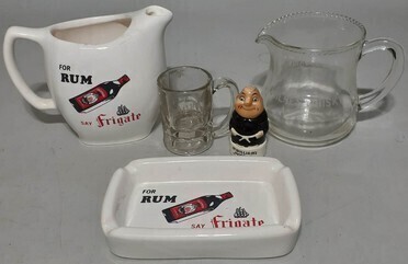 Avertising Australian Wine & Spirits x5 - Frigate Rum, McWilliams & Milnes Whisky water jug