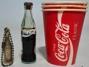 Coca Cola x 5 - Paper cups, Miniature bottle & Bottle key chain