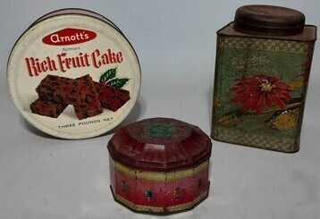 Tins - x3 - Arnott's Rich Fruit Cake, William Arnott Biscuit, Webster's Biscuits Brisbane