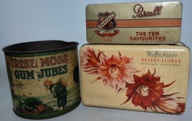 Tins - x3 - Irish Moss Gum Jubes, Pascall Favourites, MacRobertsons Desert Flower