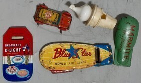 Advertising - x5 - Toy Whistles, Clickers and Car for Blue Star, Marmite, Dairy Queen, Breakfast D-Light and flower shop