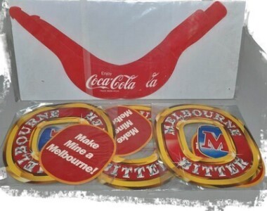 Ephemera - Group Lot - 2 x Coca Cola Visors, 3 x Melbourne Bitter. Hanging advertisements