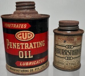 Tins x2 - Gud Melbourne 6 Fl ozs. & Burrstheo Melbourne 2Fl ozs. Lubricating Oil