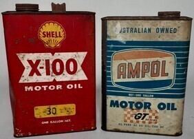 Tins x2 - Shell X-100 One Gallon Net - Ampol One Gallon GT 20.30 MS