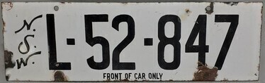 Enamel Licence Plate - NSW L - 52 - 847 - Front of Car Only