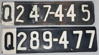 Riveted Licence Plate x2 - QLD - Q289 - 477 & Q247 - 445