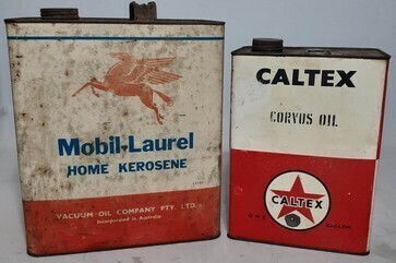 Tins x2 - Mobil - Laurel 5 Gallon & Caltex Corvus Oil 1 Gallon