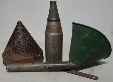 Items x3 - 1 x Funnel - Vacuum Oil Co. South Australia, 1x Oil Bottle - D^D Symbol to Shoulder, 1x Heavy Duty Fuel Sieve