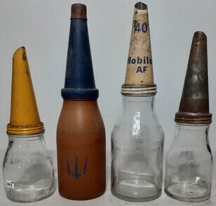 Oil Bottle - Group Lot - Plastic Neptune Bottle, Various other bottle with tin lids