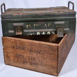 Ammo box and Red Tulip Pears box